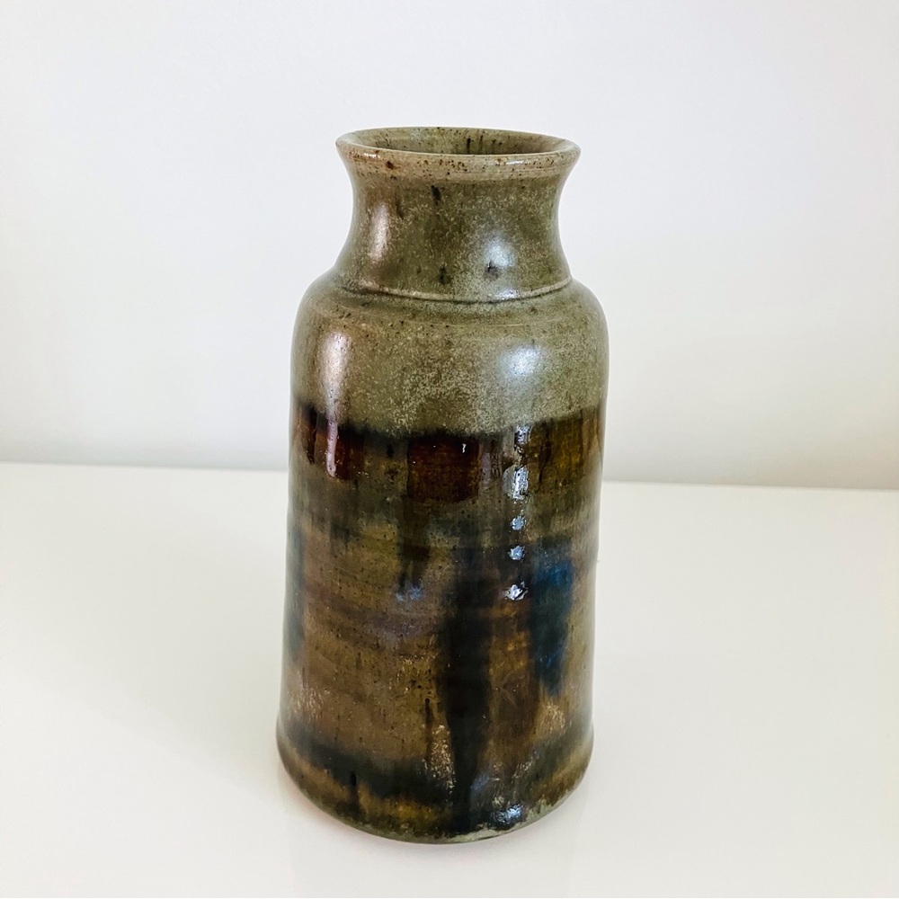 Studio Pottery Art Vase Stoneware Signed green with blue glaze